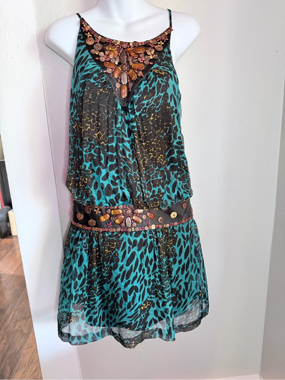 Rare Vintage Sue Wong Blue Leopard Silk Beaded Dress Small